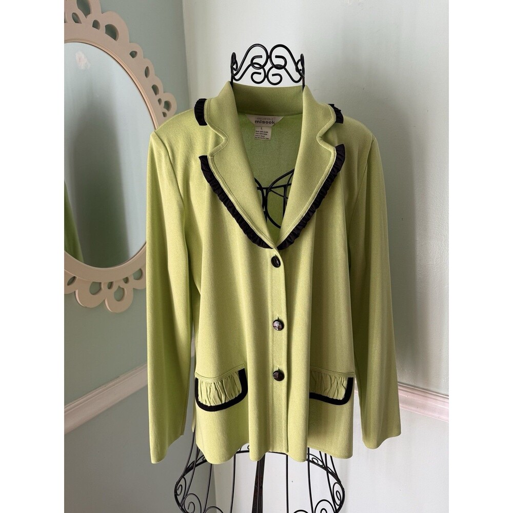 EXCLUSIVELY MISOOK Button Front green Cardigan Jacket‎ Size L Black Trim